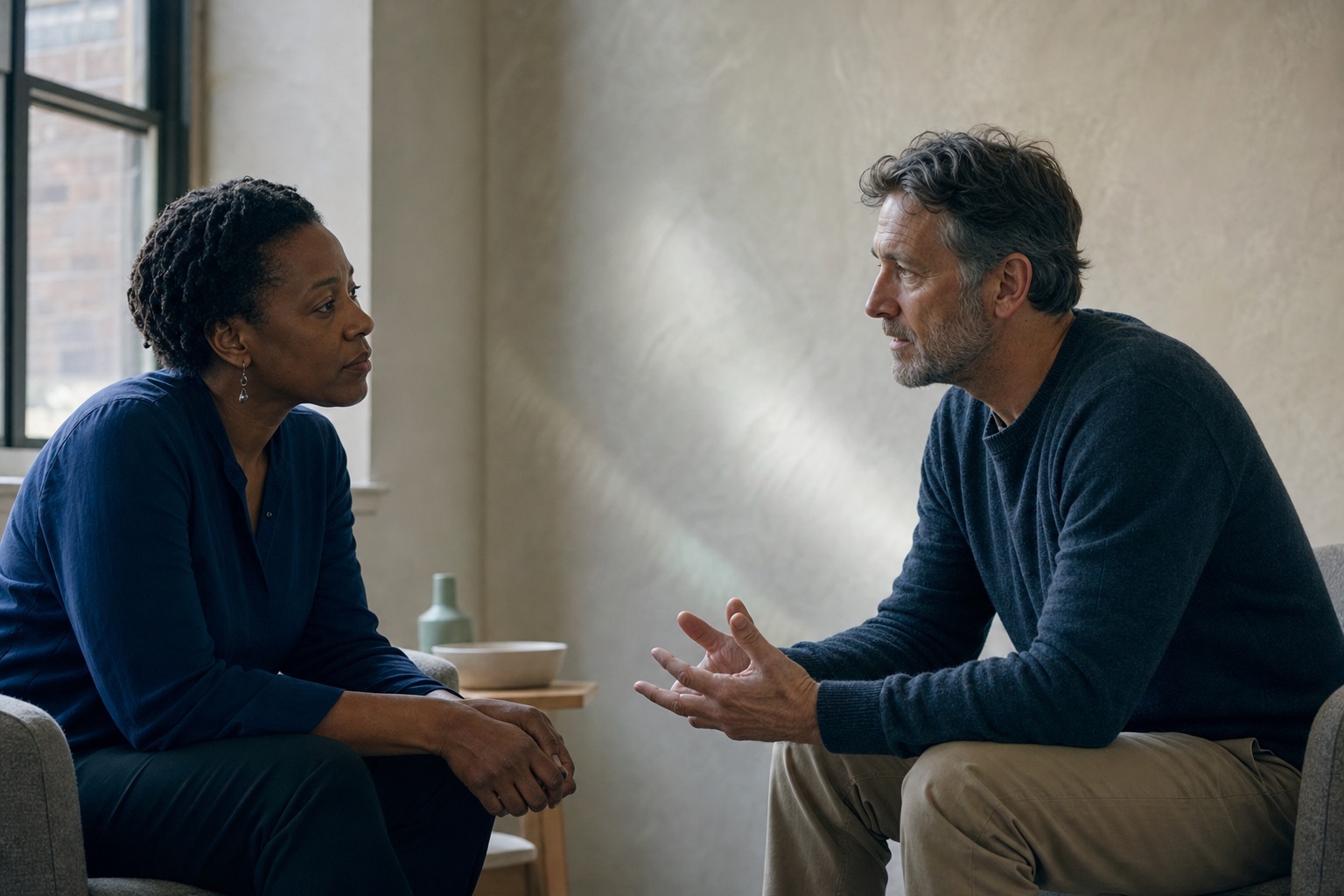 Two adult professionals meeting each other's gaze during a reflective learning exercise