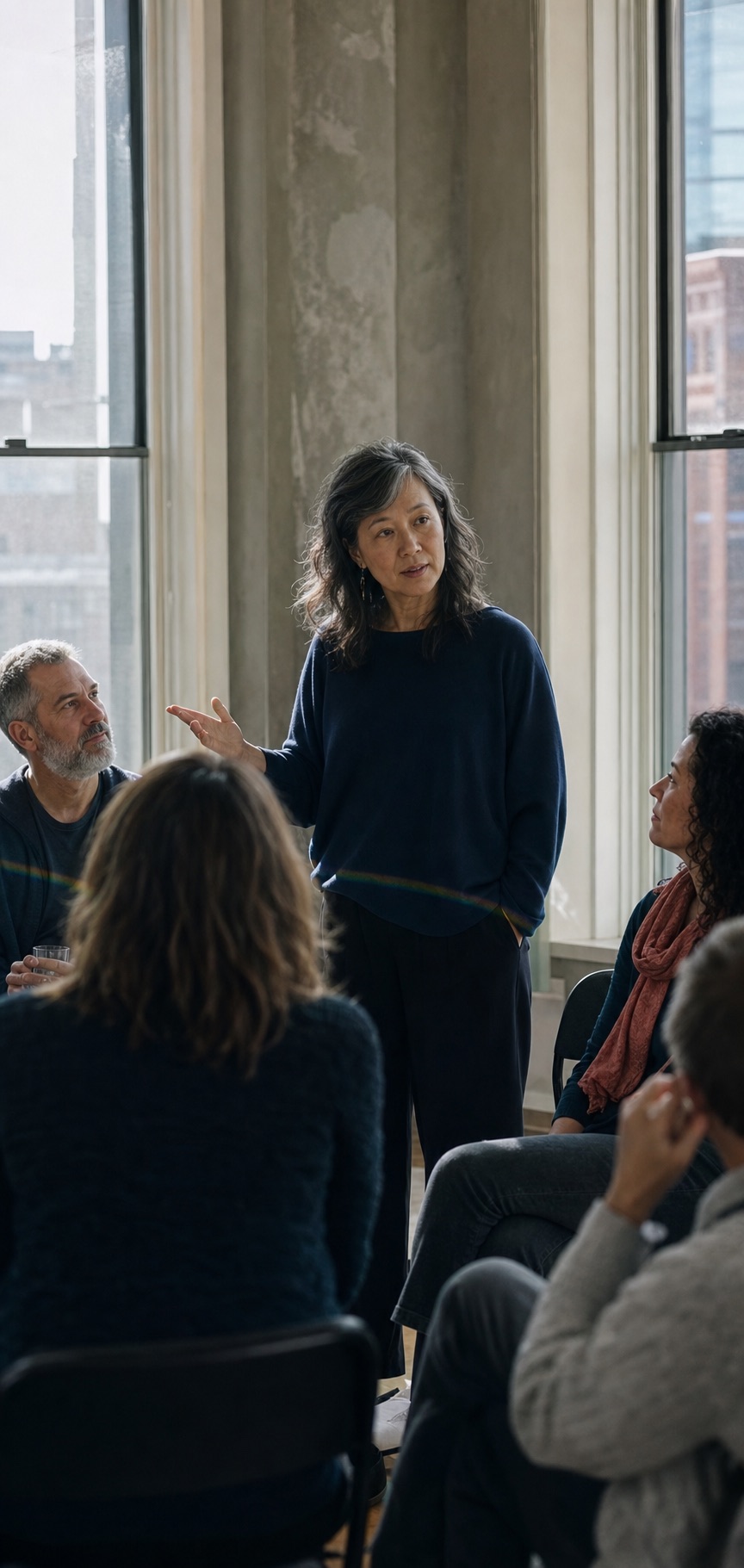 An experienced facilitator guiding a circle of adult professionals